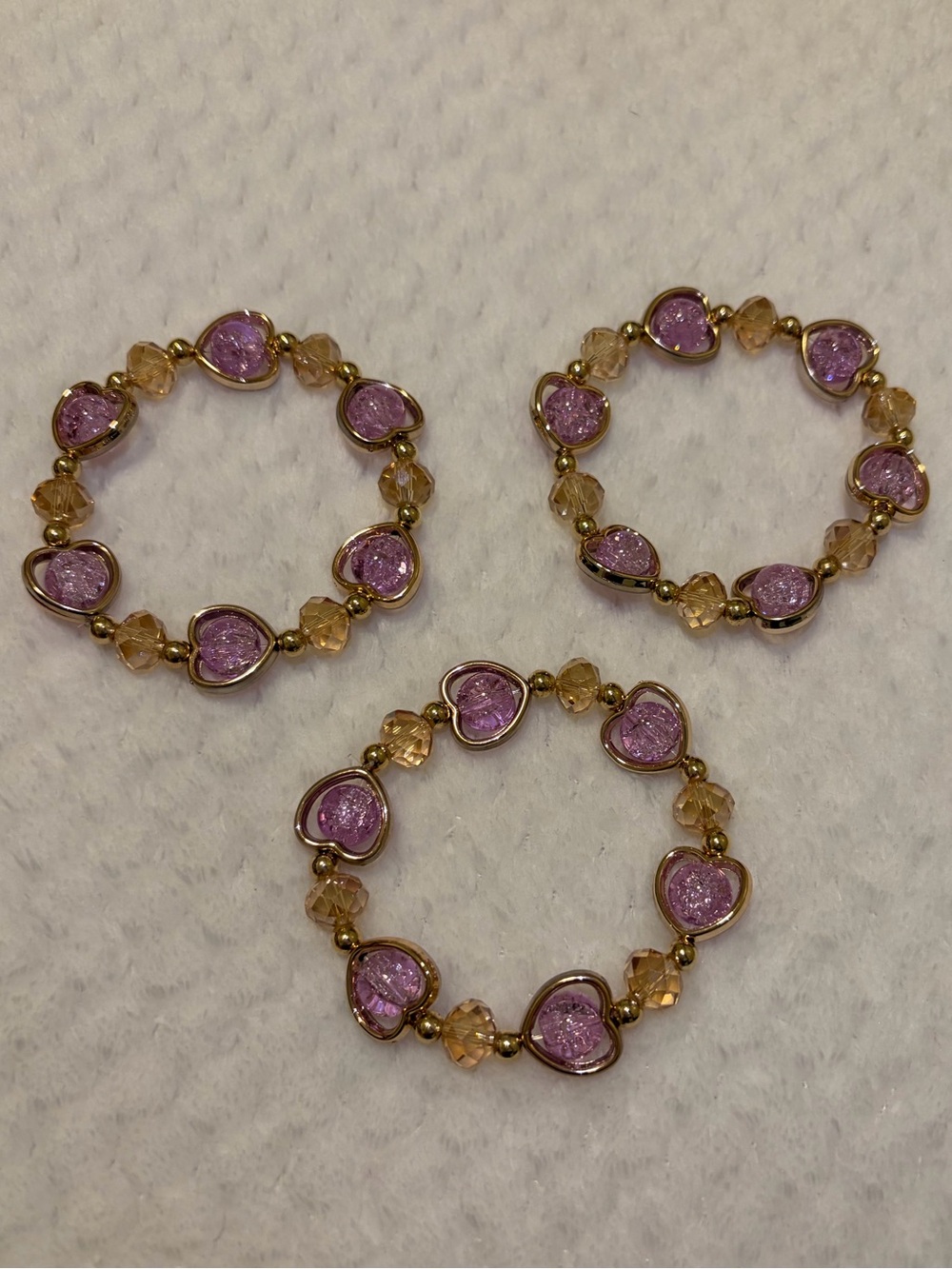 NWOT Pink Cracked Glass Beaded Stretch Bracelet With Linda Hearts - Set of 3
